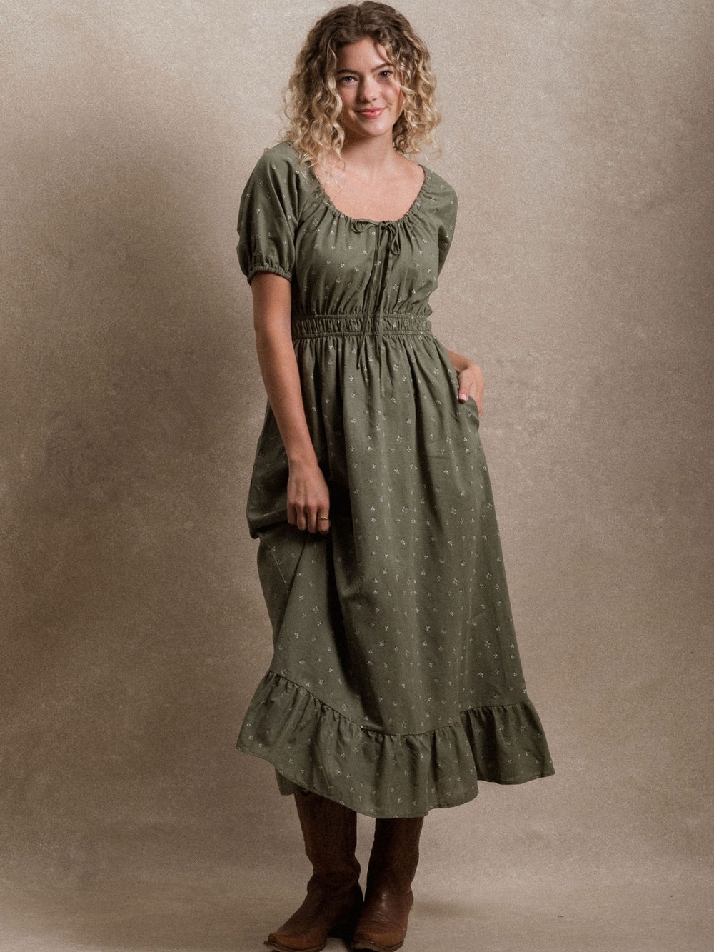 Neuflora Springhill Dress Size Small in Sage Floral Cotton Linen Midi Dress